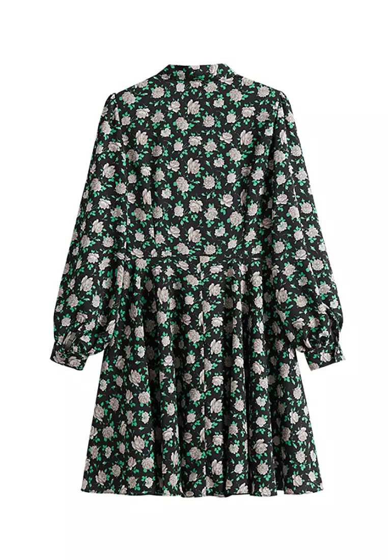 Long Sleeve Floral Midi Dress with Ribbon Tie