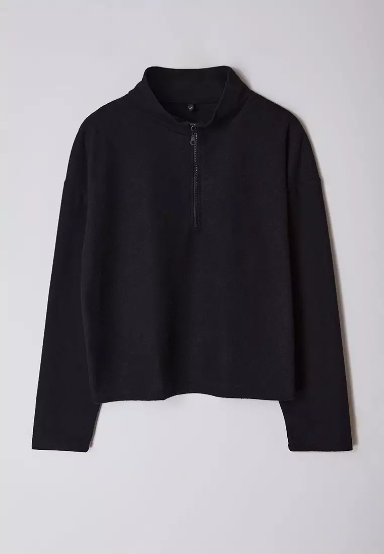 Black Stand Collar Zip Slim Knitted Sweatshirt