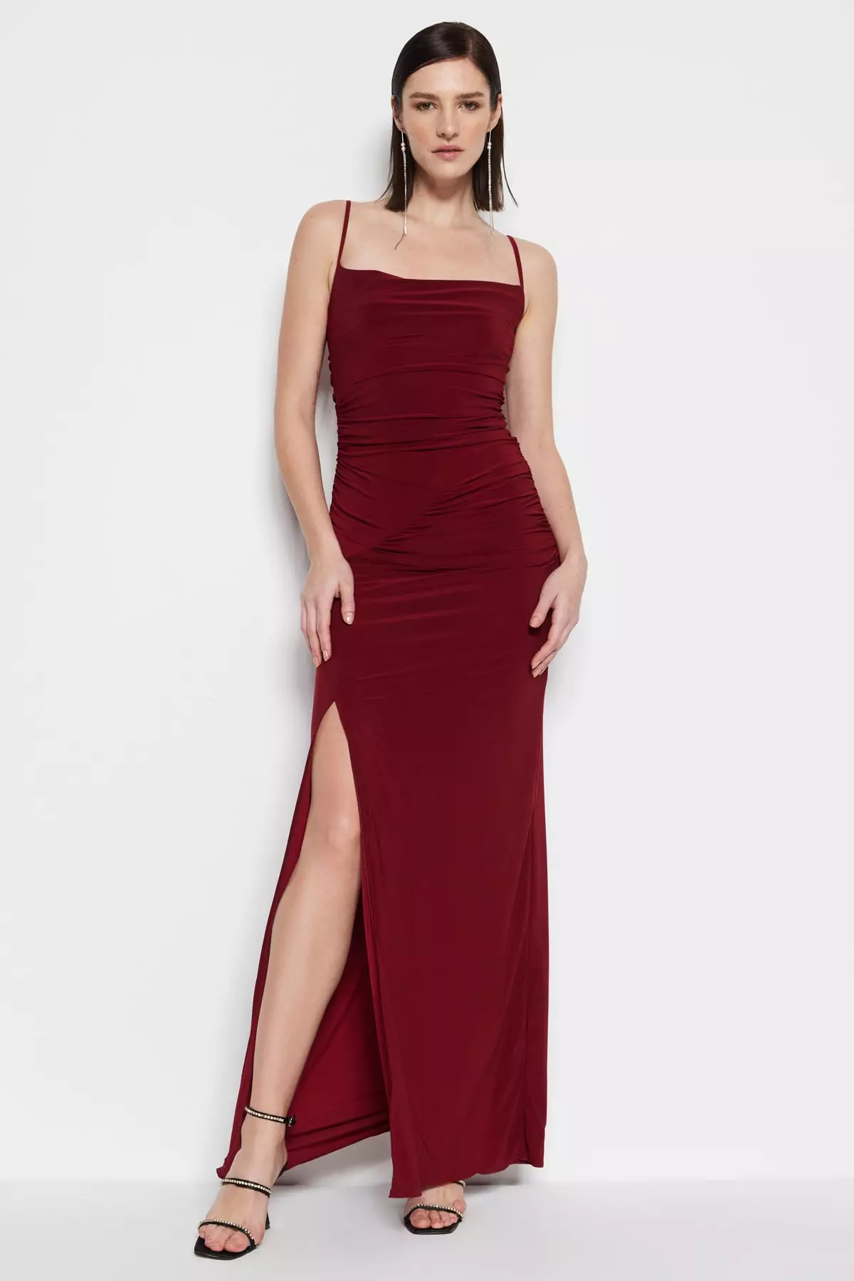 Burgundy Knitted Long Stylish Evening Dress Night Graduation Dress