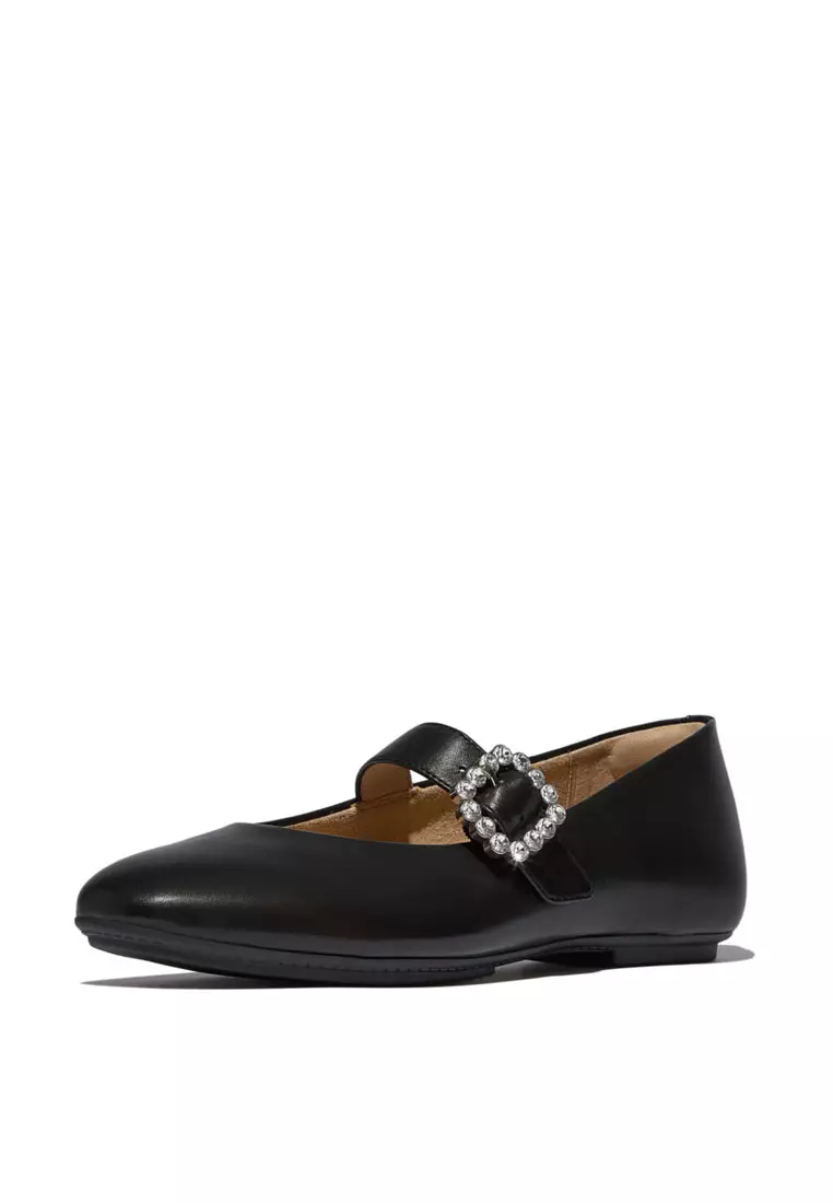 DELICATO Women's Crystal-Buckle Leather Mary Janes - Black (E3J-001)
