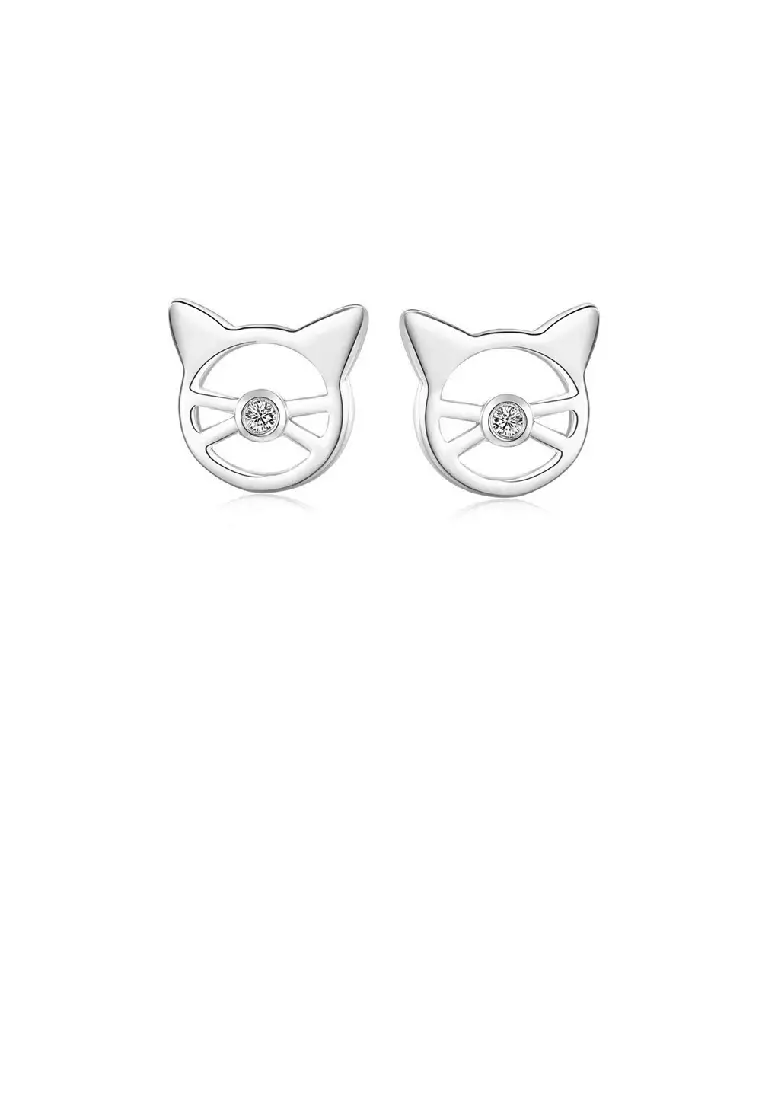 925 Sterling Silver Fashion Simple Hollow Cat Stud Earrings with Cubic Zirconia Luxurious Look