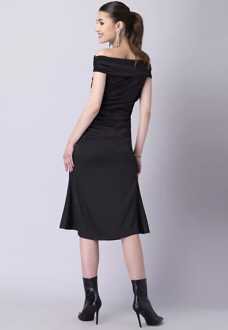 Black Off Shoulder Front Slit Dress