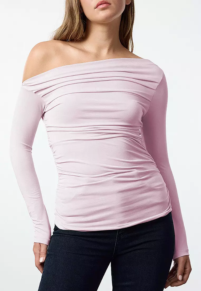 Pink Gathered/Draped Detailed Fitted Long Sleeve Flexible Knitted Blouse