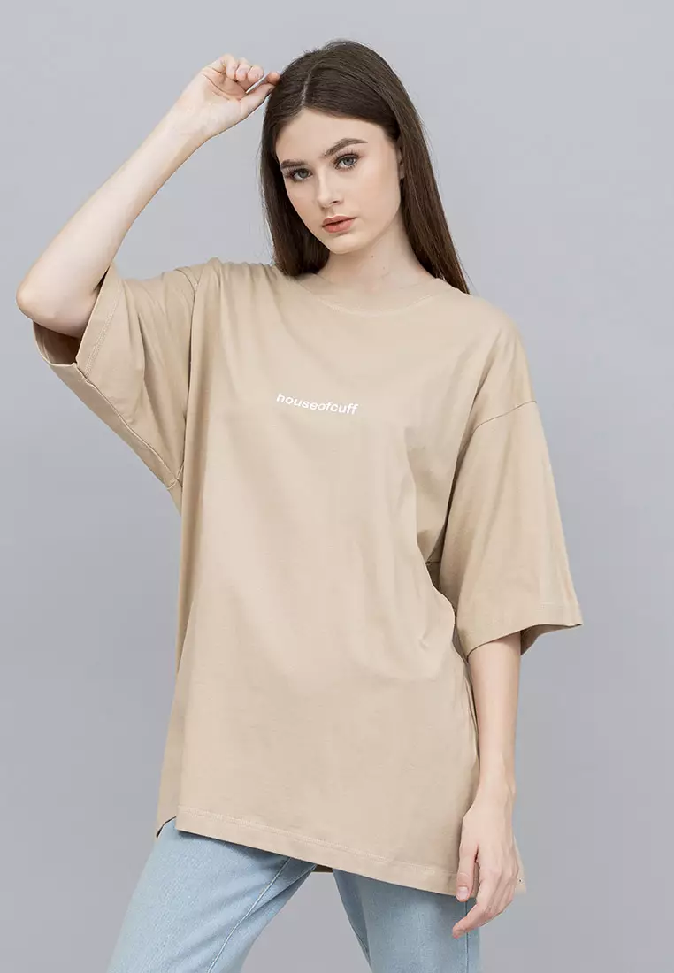 Houseofcuff Kaos Oversized T-shirt Wanita Unisex Tebal Krem Dragon