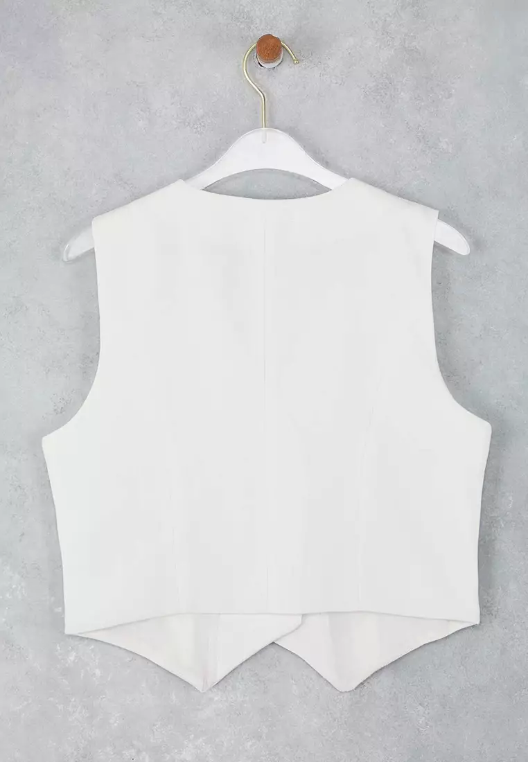 White Fitted Linen Look Double Breasted Closure Crop Vest
