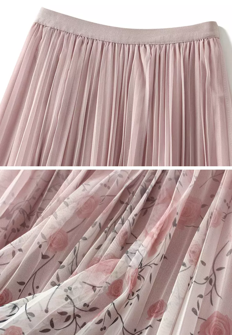 Floral Mesh Pleated Skirt AF-J898