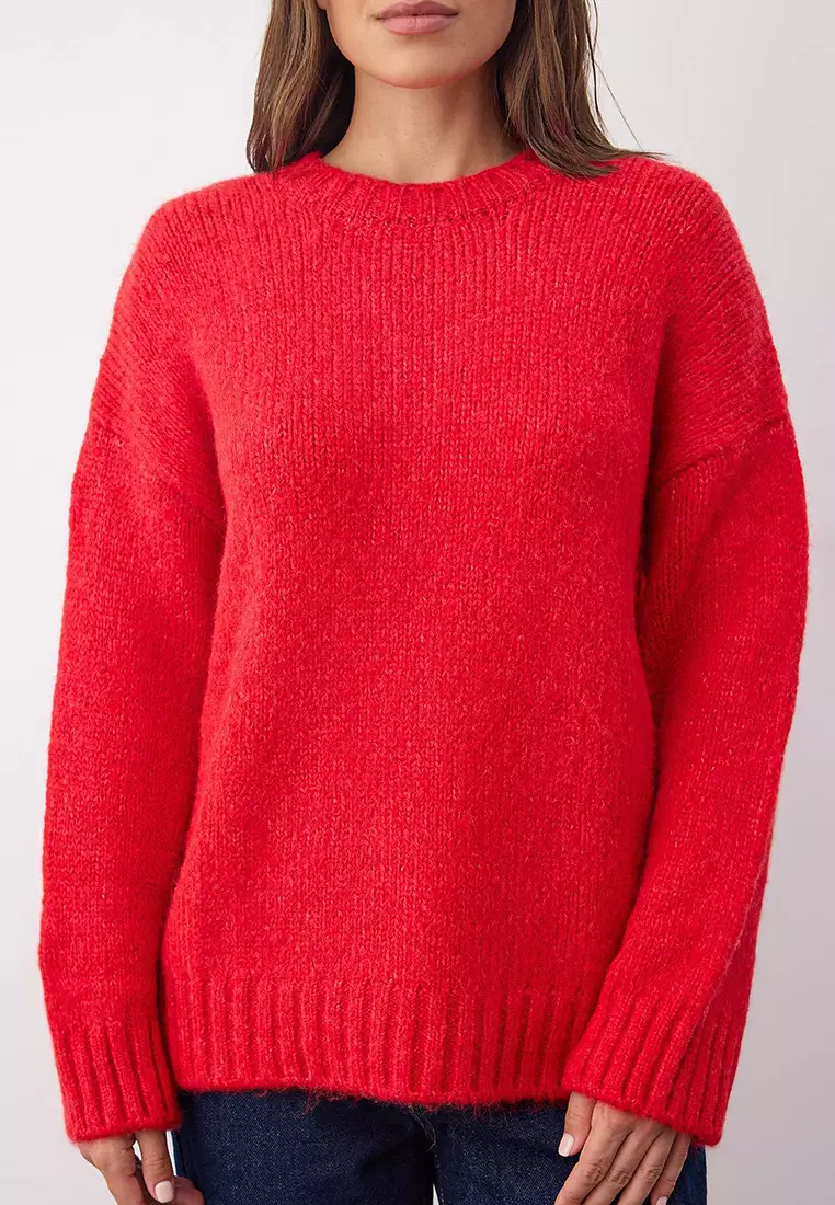 Wardrobe Essentials Red Soft Textured Loose Fit Basic Knit Sweater | Twoaw26Kz00073