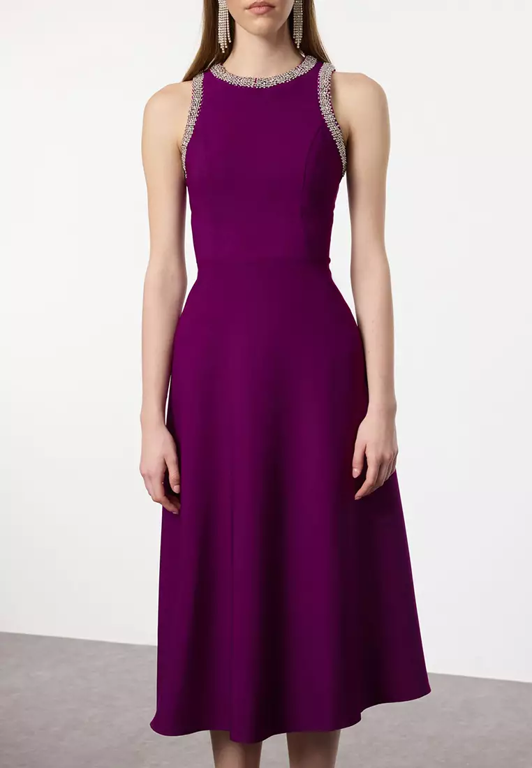 Plum A-Cut Stone Accessory Woven Evening Night Graduation Dress TPRSS24EL00178