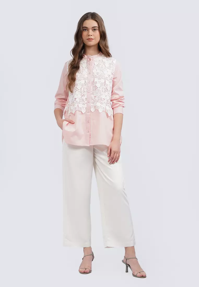 Eyelet Panel Long Sleeve Blouse LT. PINK