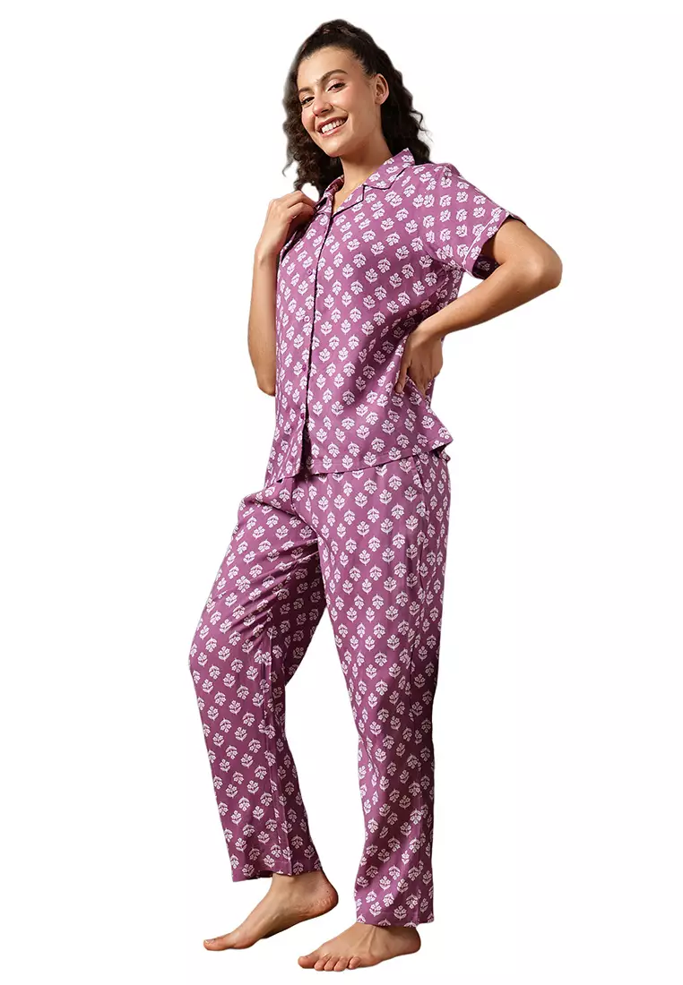 Clovia Floral Print Button Down Night Suit in Aubergine Colour - Rayon