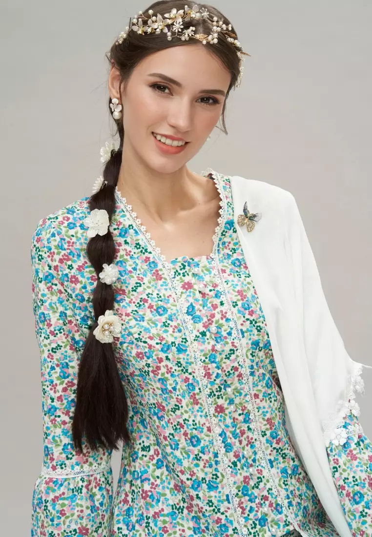 Teal Puff Sleeve Floral Modern Kebaya Kurung Hari Raya