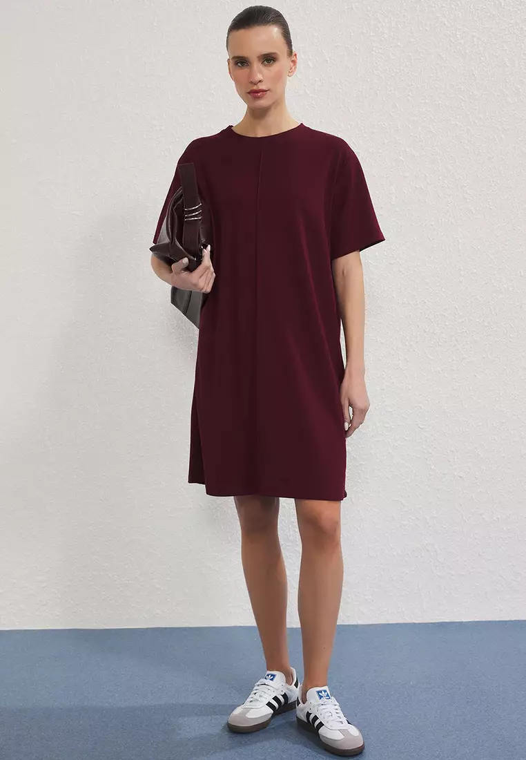 Claret Red Soft Ribbed Shift/Straight Cut Mini Knit Dress TWOSS25EL00778