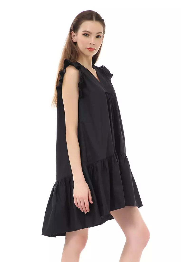 Rachel Mini Dress Ruffle Wanita Lengan Pendek Motif Polos Material Cotton ORIGINAL - Black