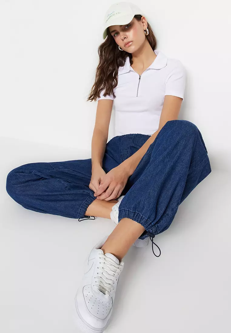 Zipper Detail Polo Collar Blouse