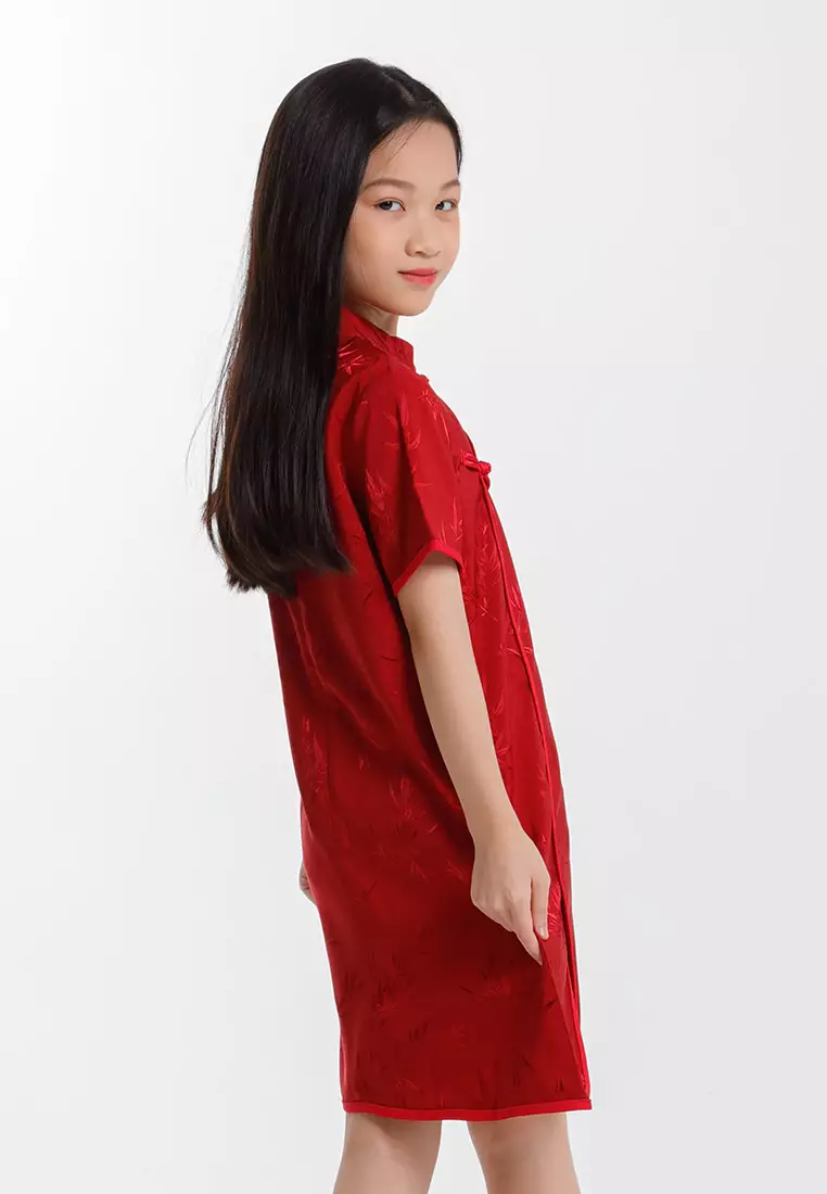 Forest Girls CNY Cheongsam Jacquard Short Sleeve Dress - FK885088-50DarkRed