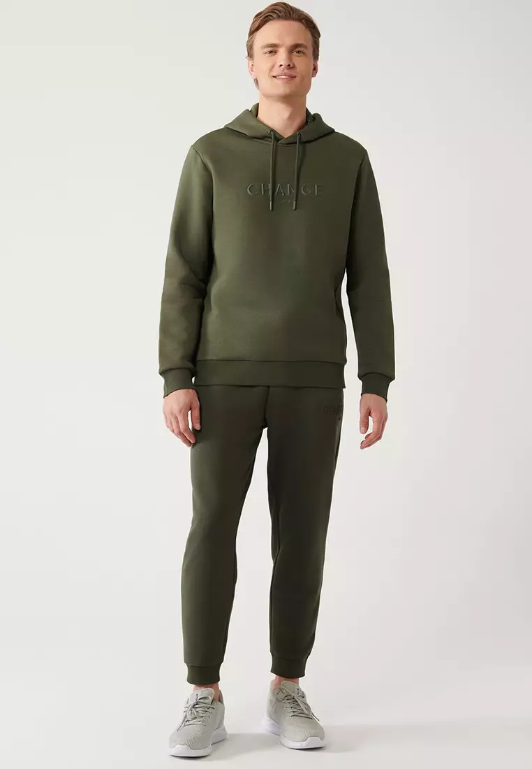 Men's Khaki Hooded 3 Thread Raised Printed Sweatshirt A32Y1240
