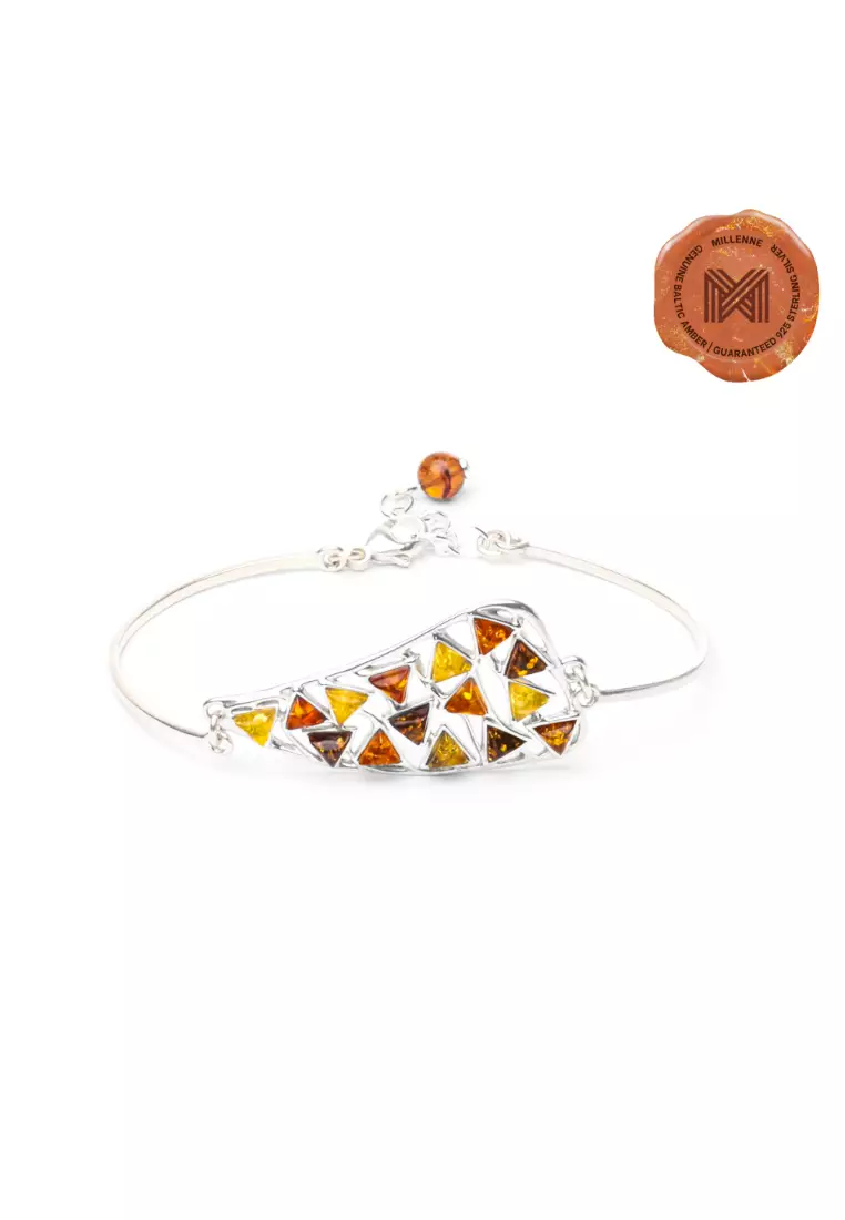 Multifaceted Baltic Amber Mulitple Studded Triangular Silver Bracelet with 925 Sterling Silver