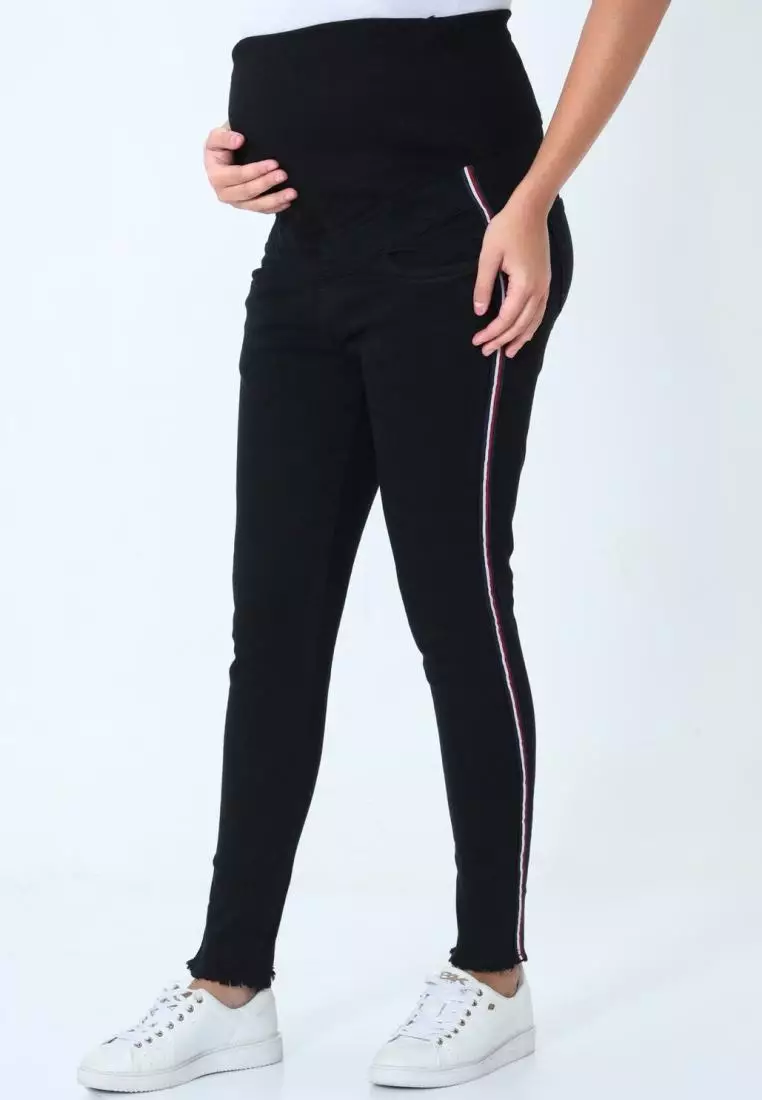 Dark Blue Maternity Knit Denims With Belly Support- Dark Wash