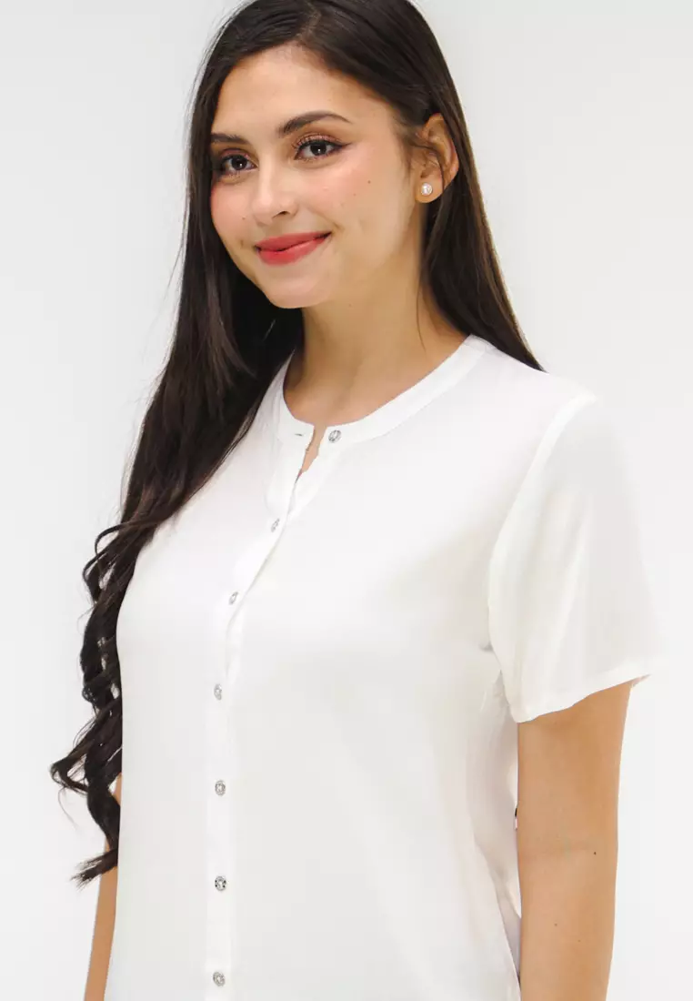 Woven Plain Rayon Short Sleeves Blouse