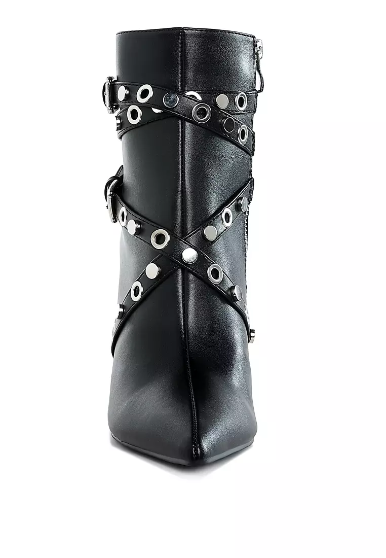 Eyelets & Studs Harness Ankle Boots in Black