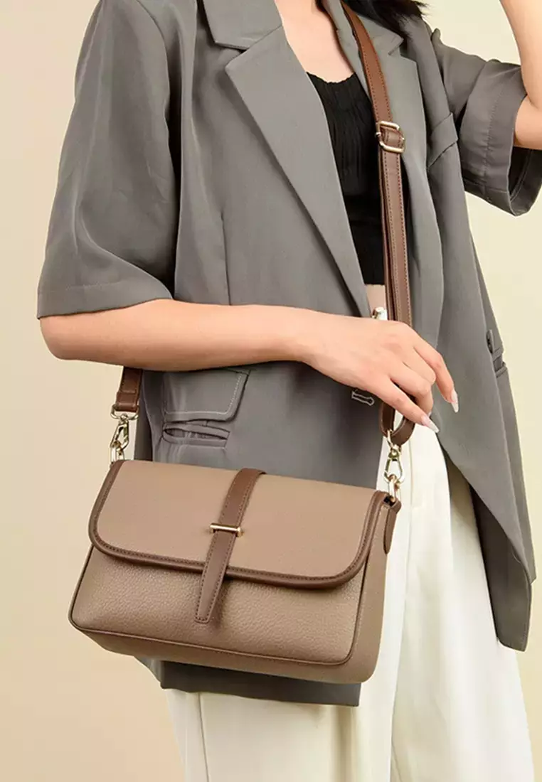 Color Matching Faux Leather Three Way Shoulder Bag