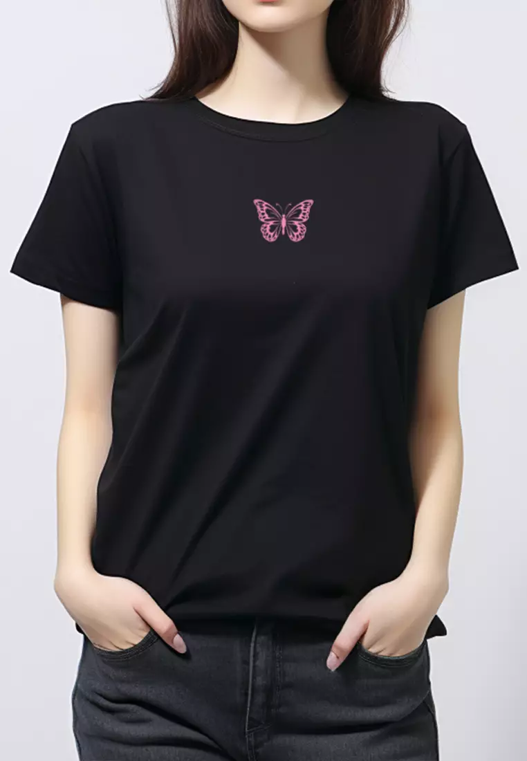 LTF26 kaos t shirt wanita casual slim fit pink butterfly hitam