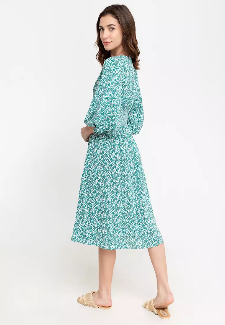Clarence Printed V-neck Smocked Dress