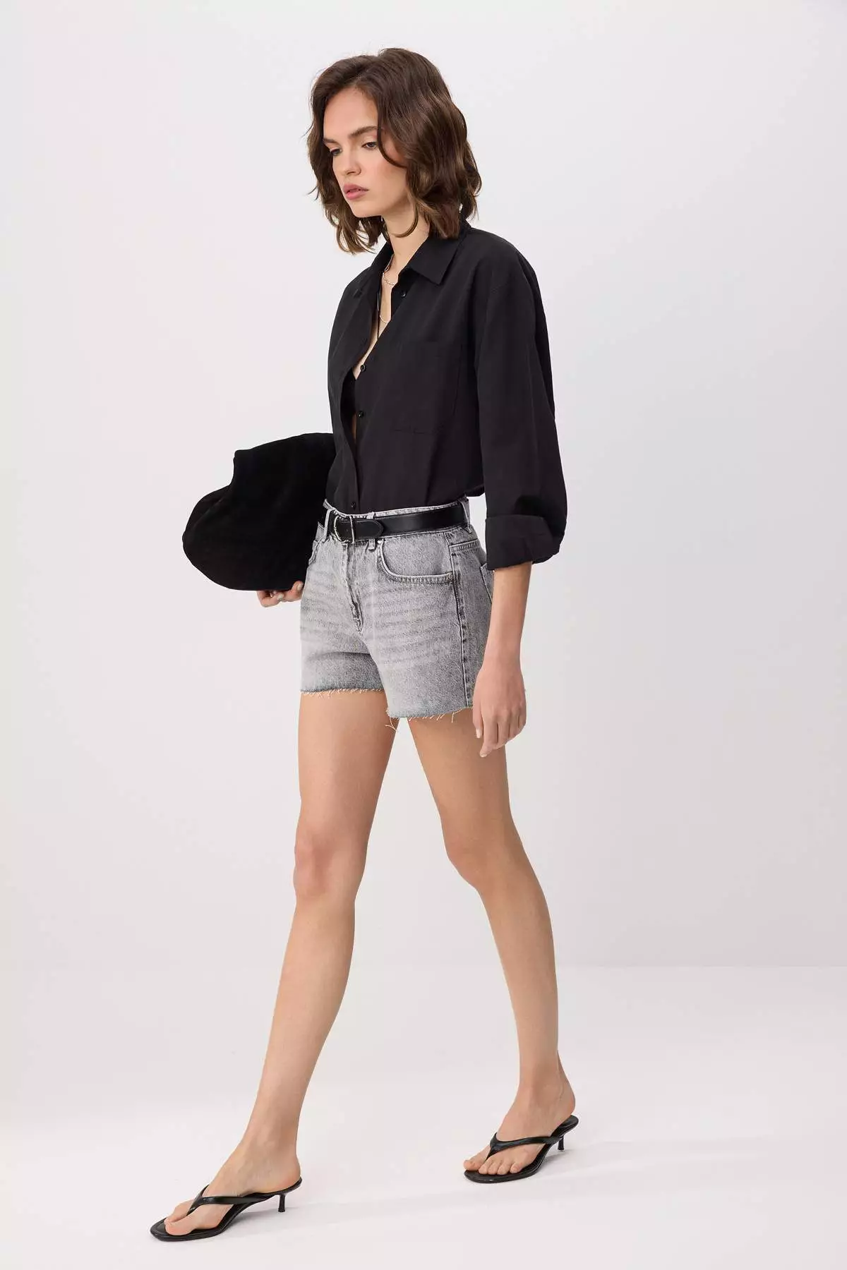 Buy Trendyol Gray High Waist Extra Mini Shorts With Cut-Off Legs
