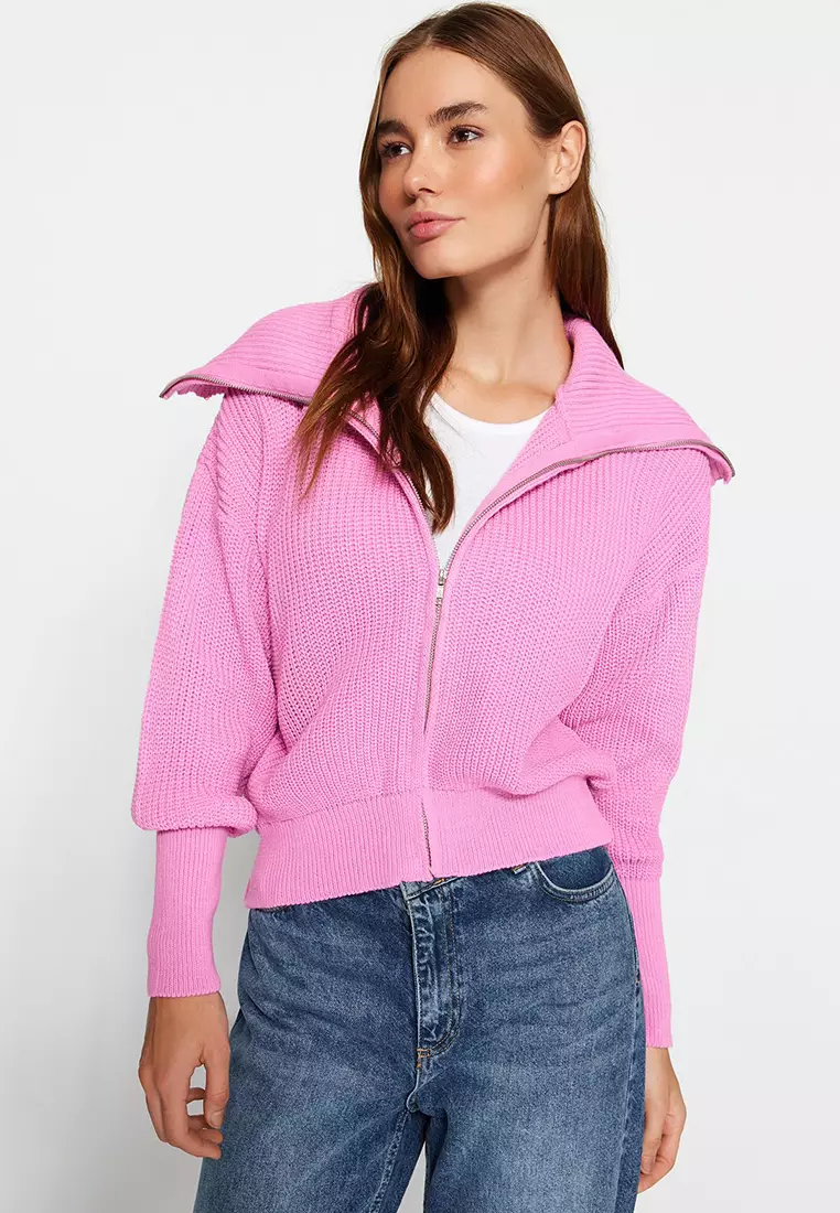 Pink Wide Pattern Turn-down Collar Zippered Knitwear Cardigan TWOAW24HI00072