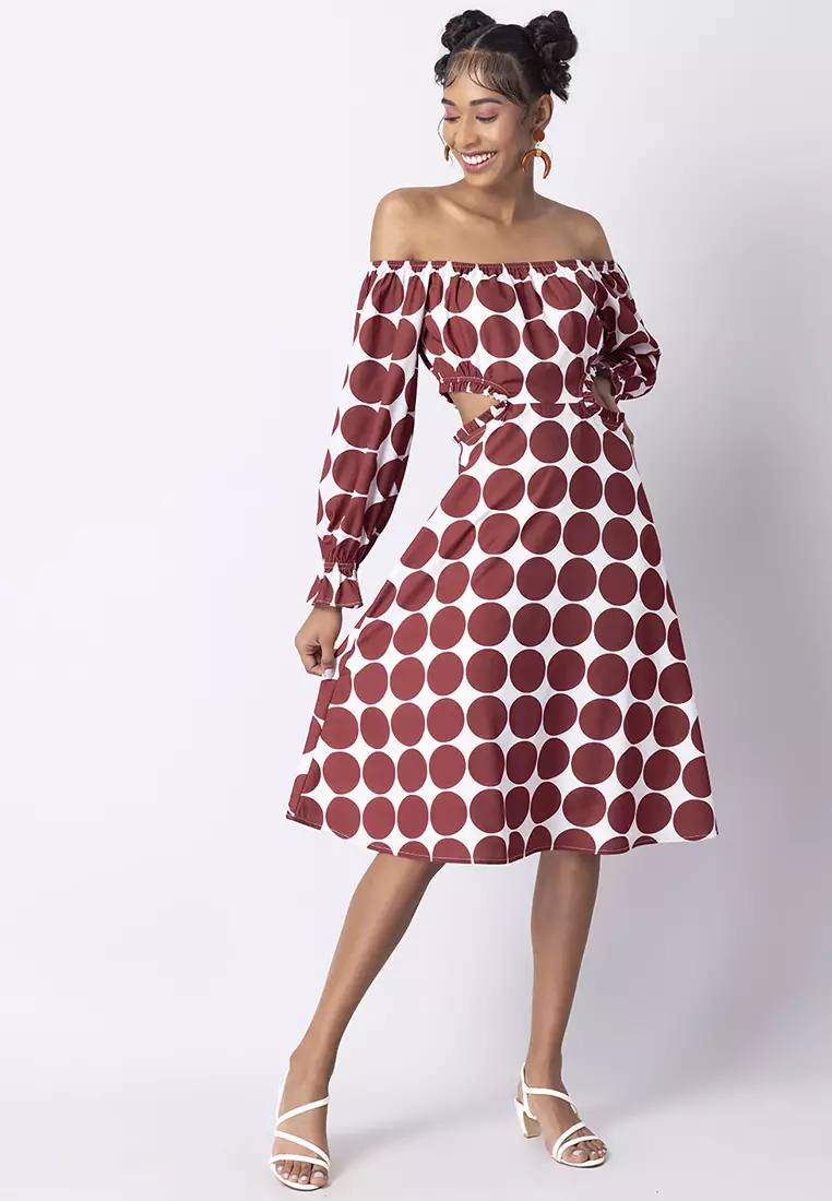 Maroon Polka Bardot Waist Cut Out Midi Dress