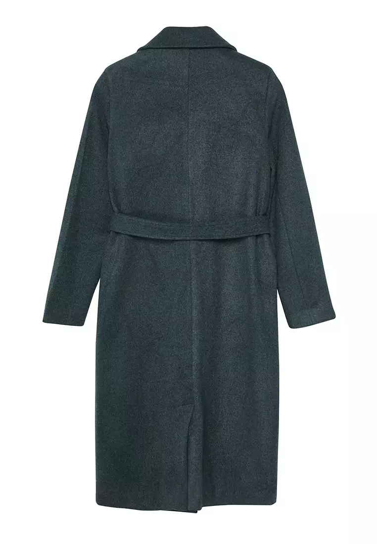 Khaki Fitted Belted Gold Buttoned Long Wool Cashmere Coat TWOAW23KB00018