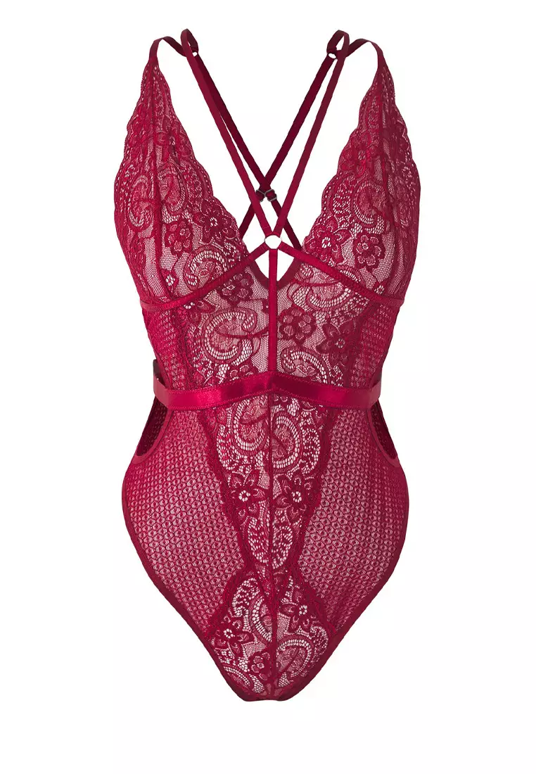 Dark Cherry Lace Openwork/Hole Piping Detail Knitted Bodysuit Without Cover THMSS25BD00002