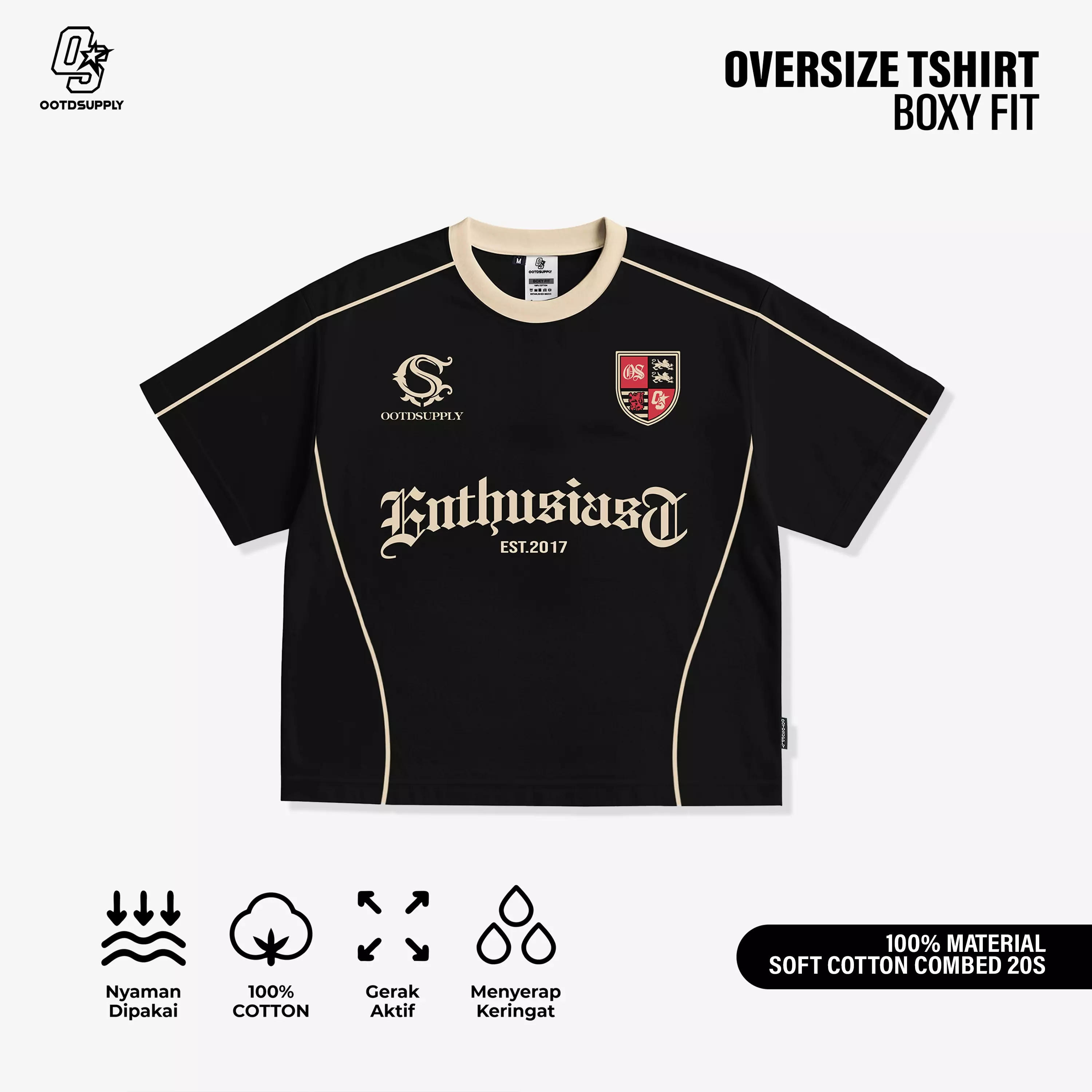 OOTDSUPPLY Tshirt Boxyfit Curveline Monarch Black Cream l Tshirt Boxyfit Unisex Royal Series | Kaos Double List Premium Pria dan Wanita | OS-OVZ-CVL-BLC-002