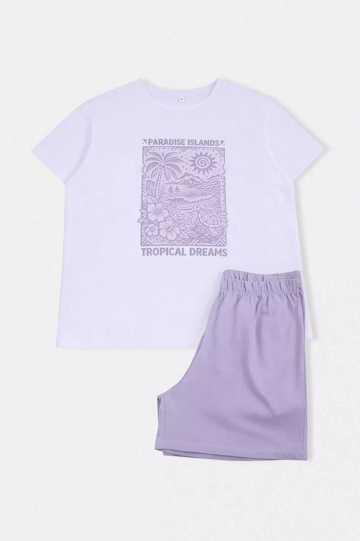 White-Lilac Printed Single Jersey Plus Size Pajama Set