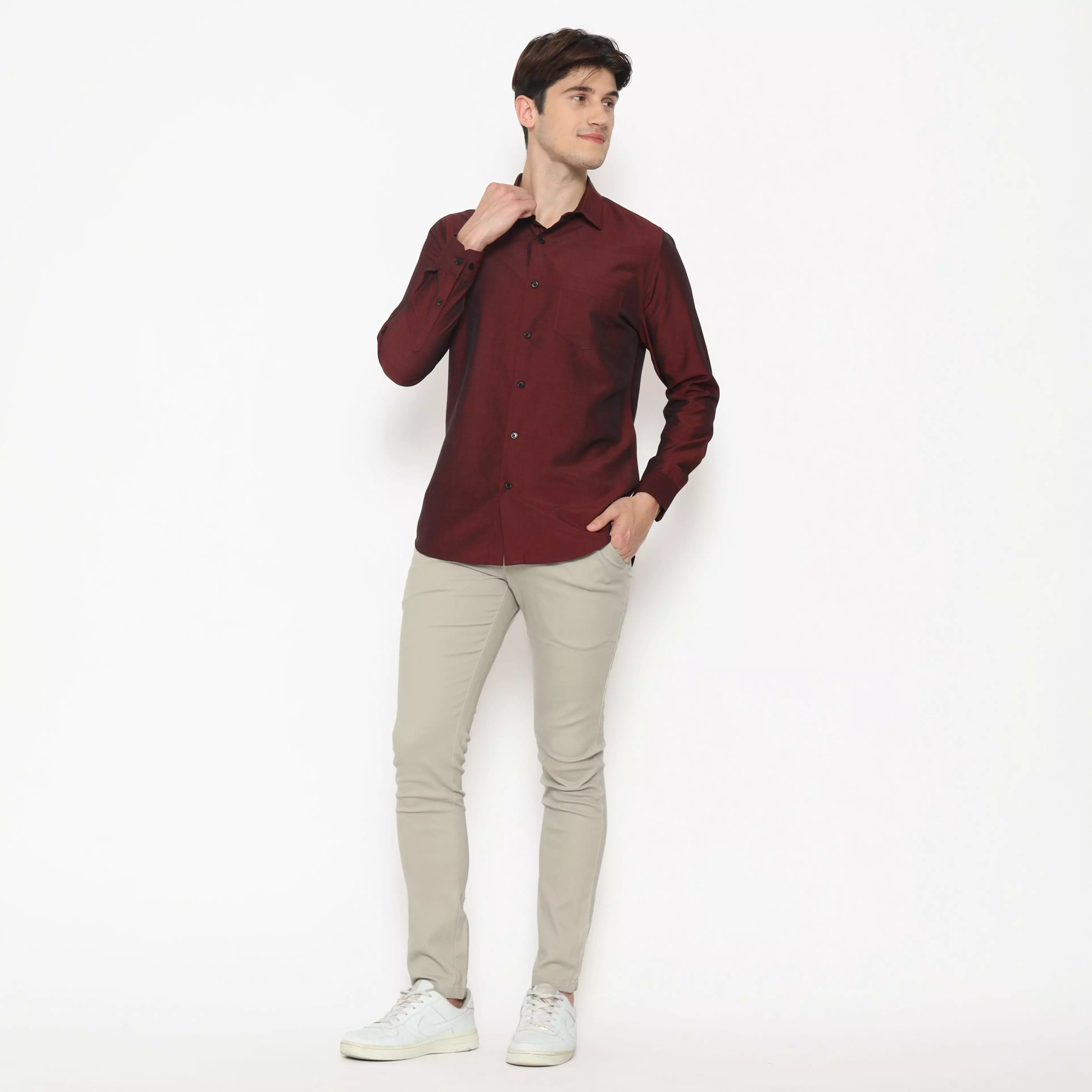 MAGINOT Kemeja Pria Basic Polos Panjang DARK MAROON VER 1