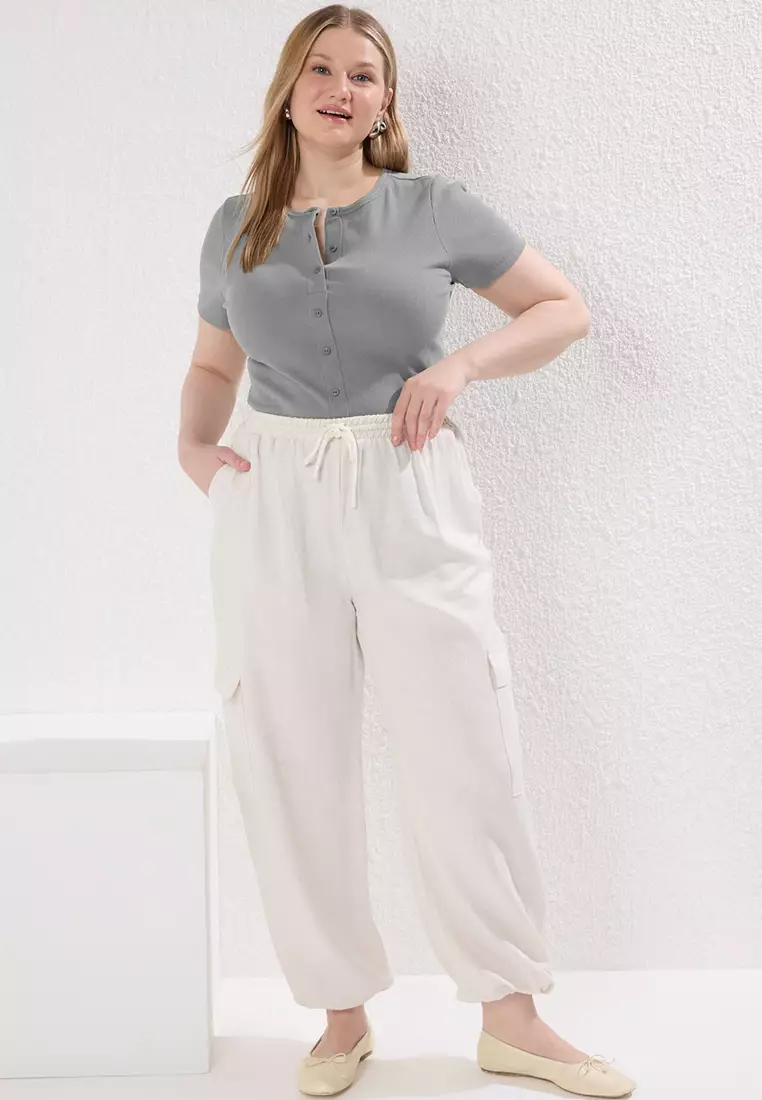 Grey Button Detail Fitted Corduroy Knitted Plus Size Blouse TBBSS25AF00060