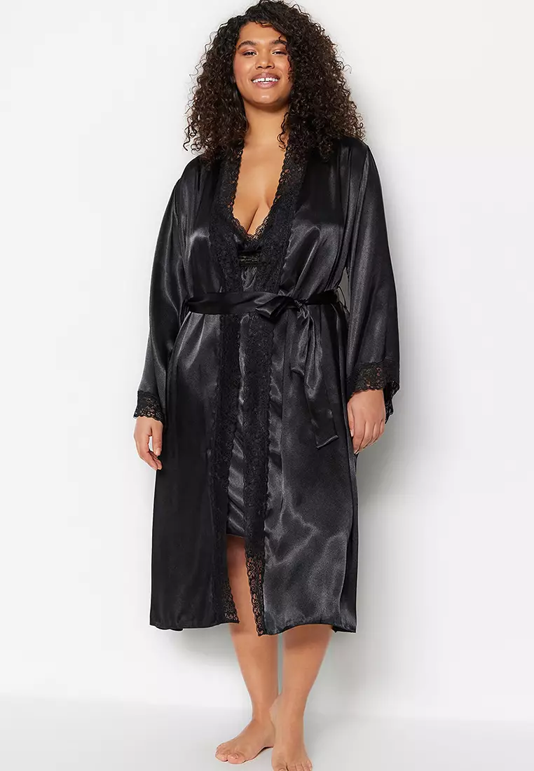 Nightgown Plus Size Black Satin Robe Elegant Plus Size Satin