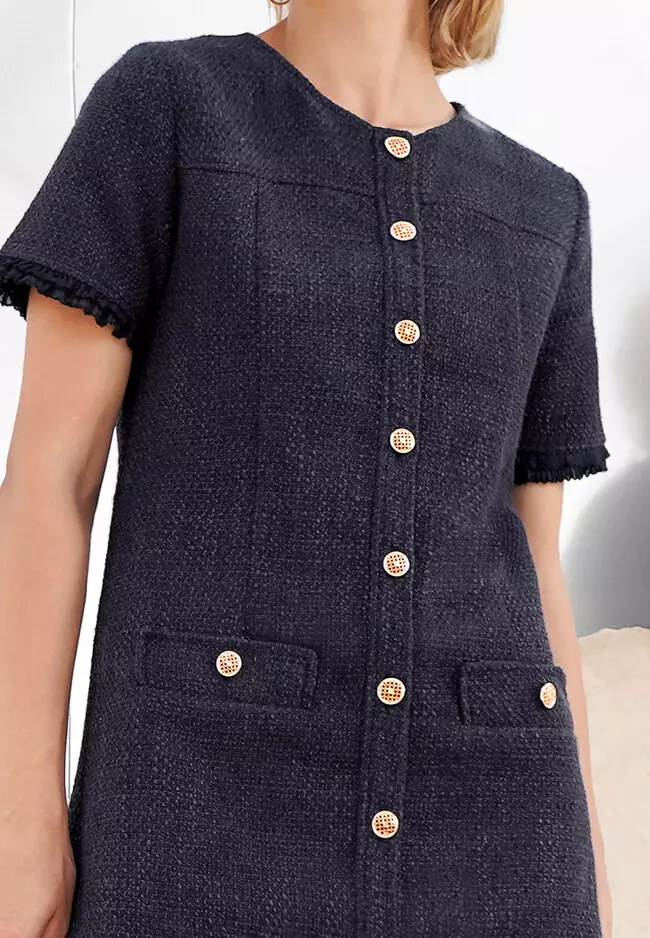 Contrast Trims Button-Up Dress