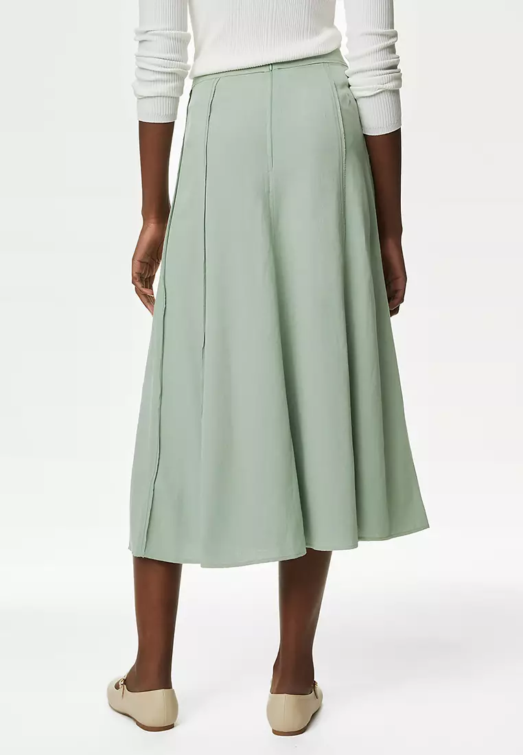 Panelled Midi A-Line Skirt with Linen