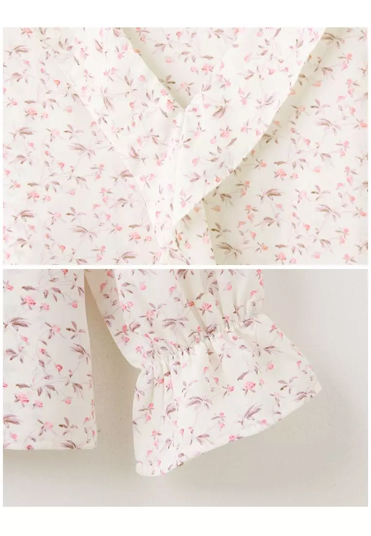 V-Neck Ruffle Floral Long Sleeve Chiffon Blouse [AB19667]