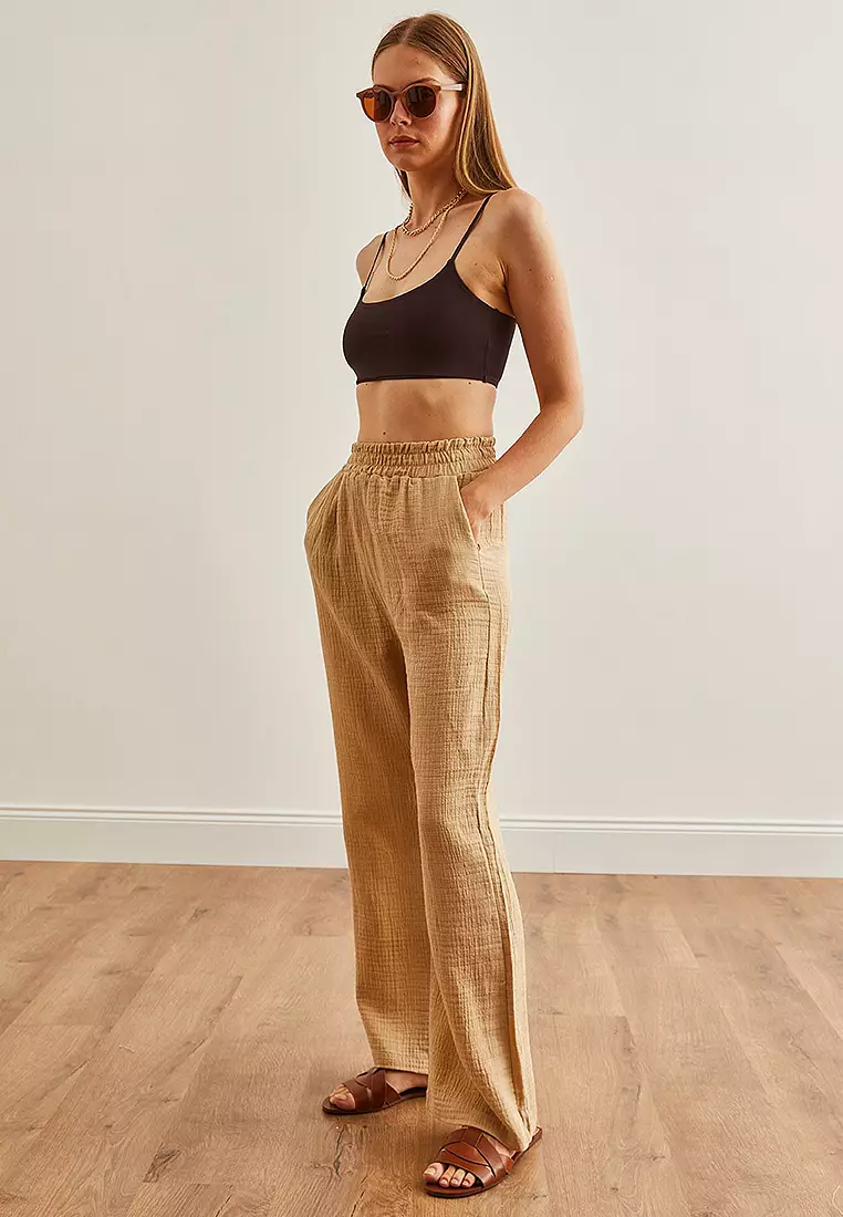 Elastic Waist Pocket Muslin Trousers