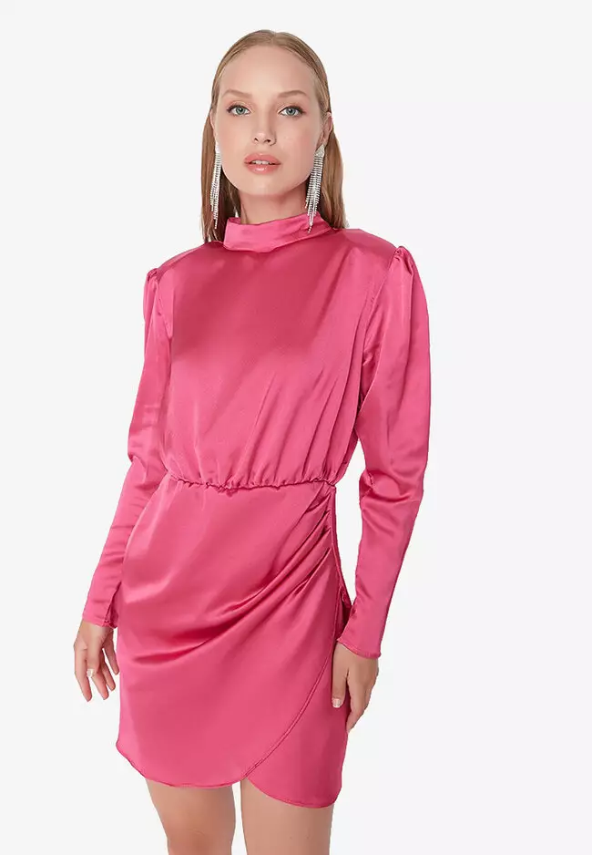 High neck store ruched satin dress