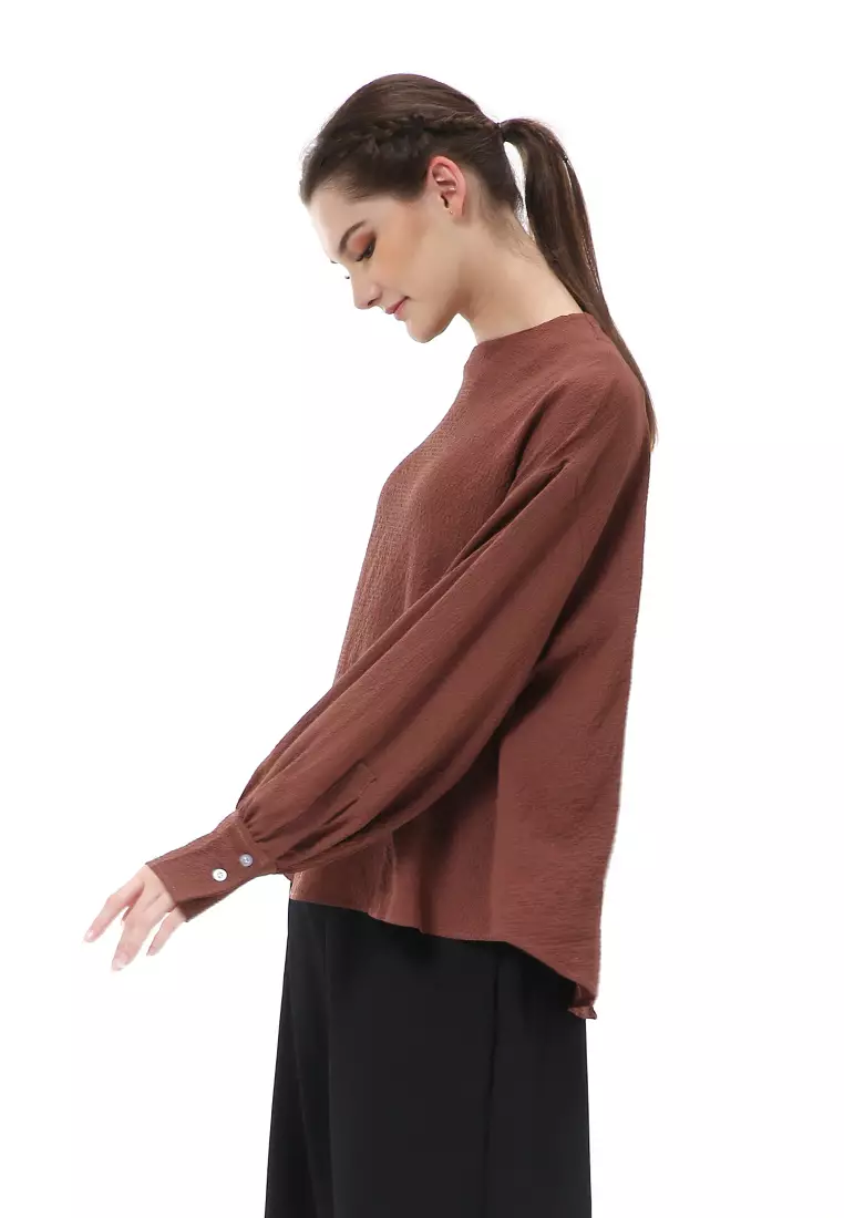 Albertine Blouse Atasan Wanita Lengan Puffy Plain Motive Material Crinkle ORIGINAL - Choco