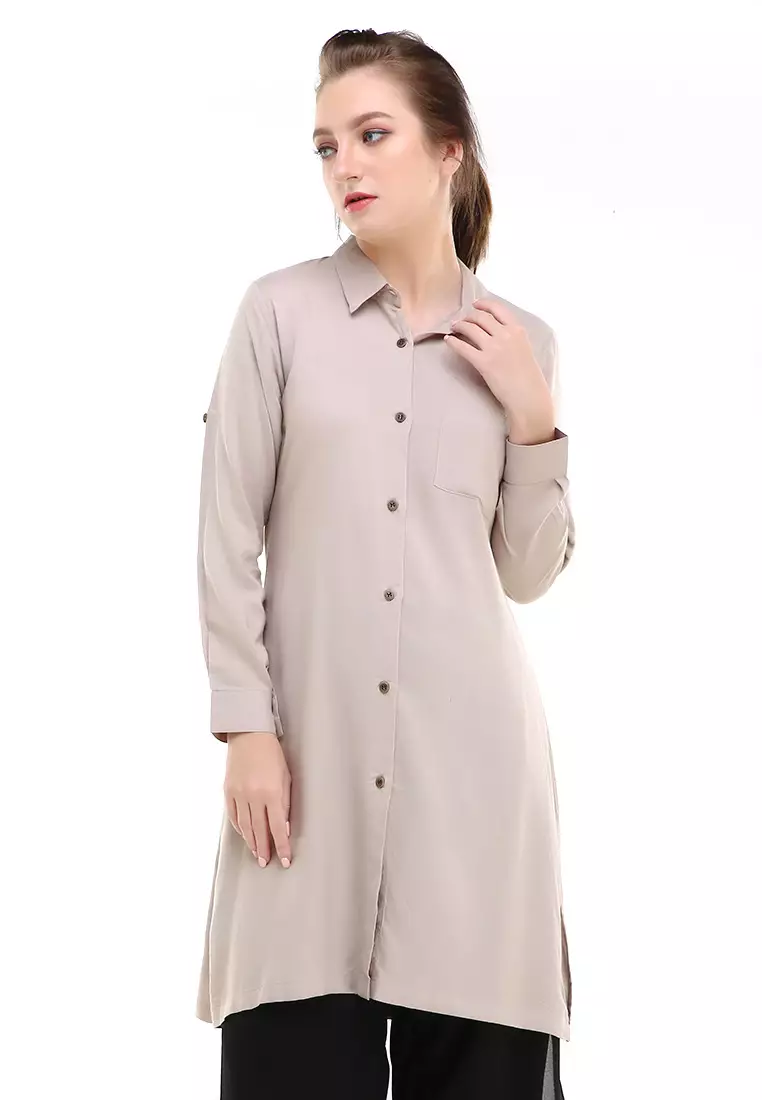 Eleazar Tunik Long Sleeve Motif Solid Design Casual Atasan Wanita Regular Fit - Nude