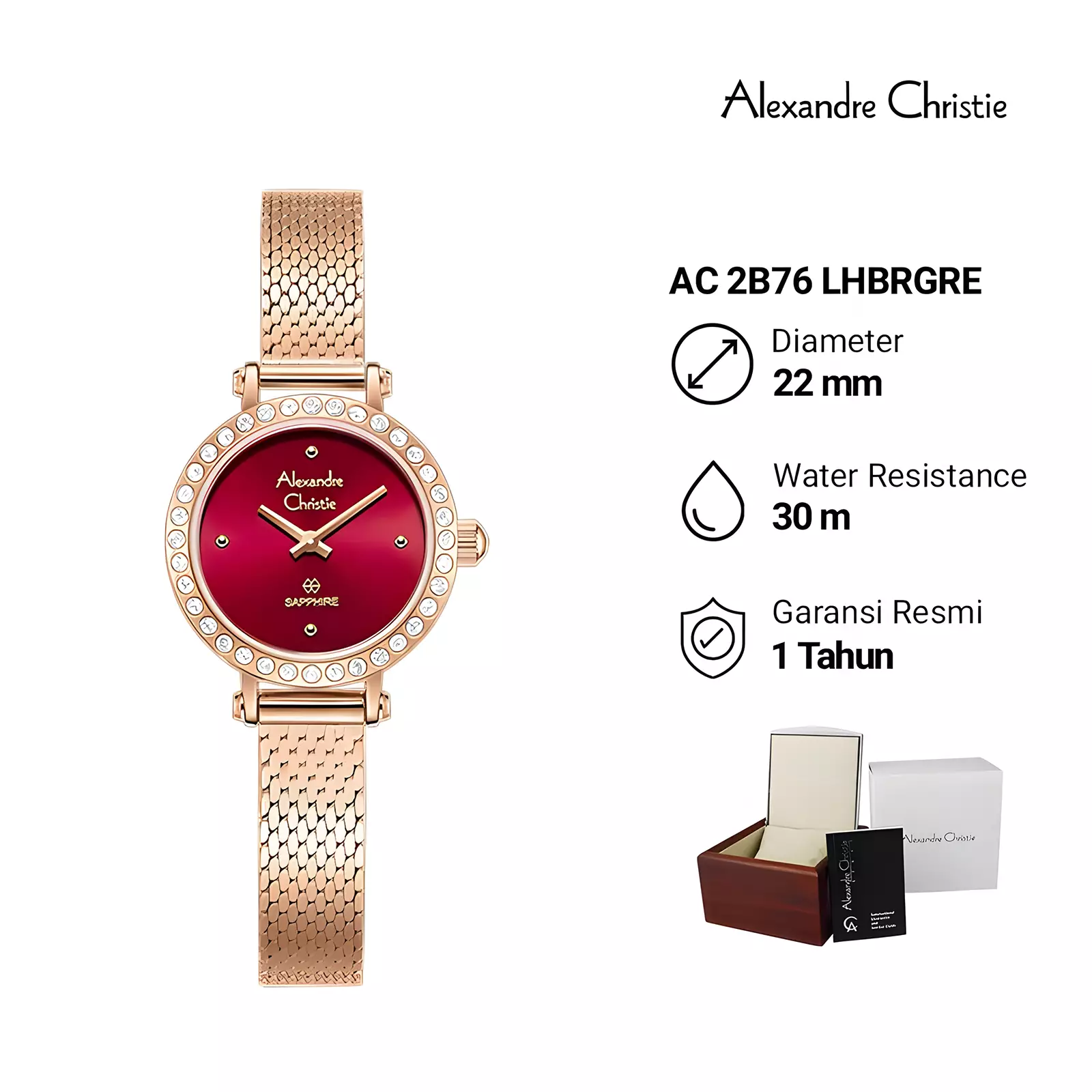 Alexandre Christie Sapphire Glass - Jam Tangan Analog Wanita - Rose Gold Red - Stainless Steel - 2B76 LHBRGRE