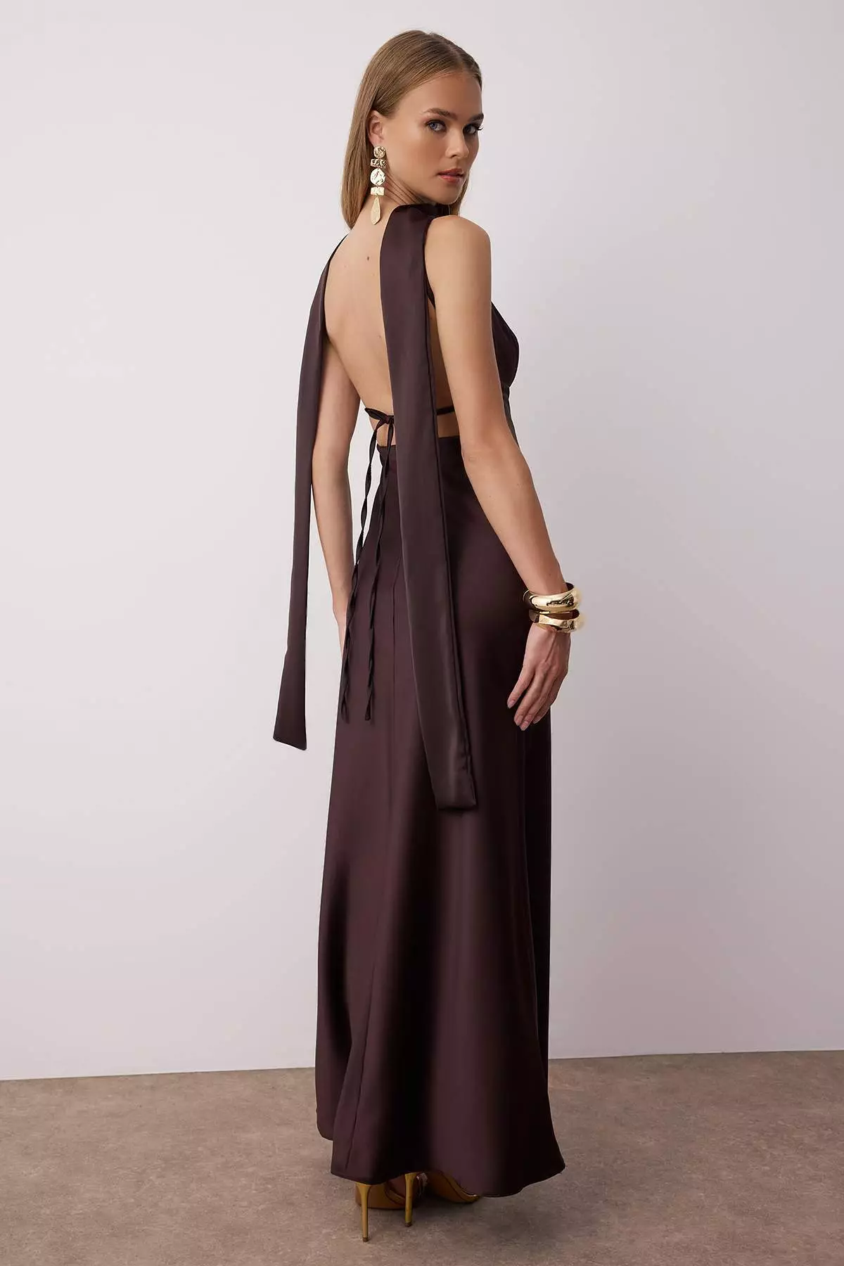 Brown Shawl Detailed Satin Woven Maxi Evening Night Graduation Dress