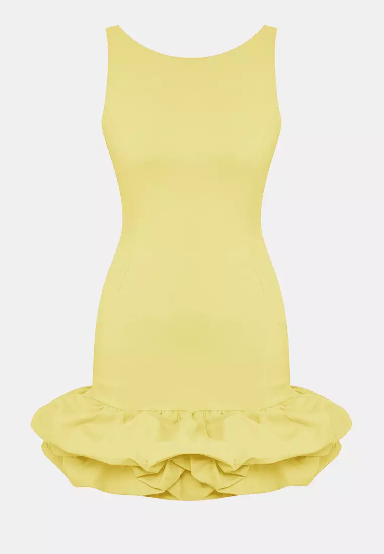 Light Yellow Balloon Skirt Detailed Inside Shorts Lined Short Dress