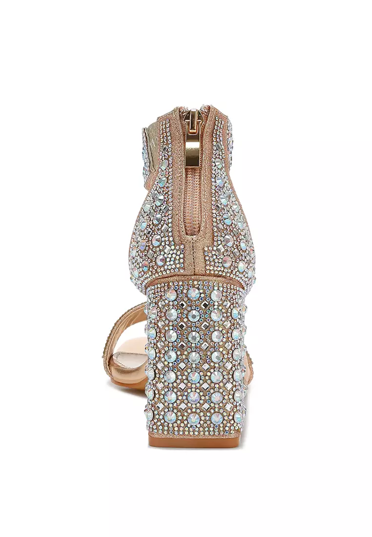 Sandal Blok Berlian Imitasi Dan Payet dalam Warna Rose Gold