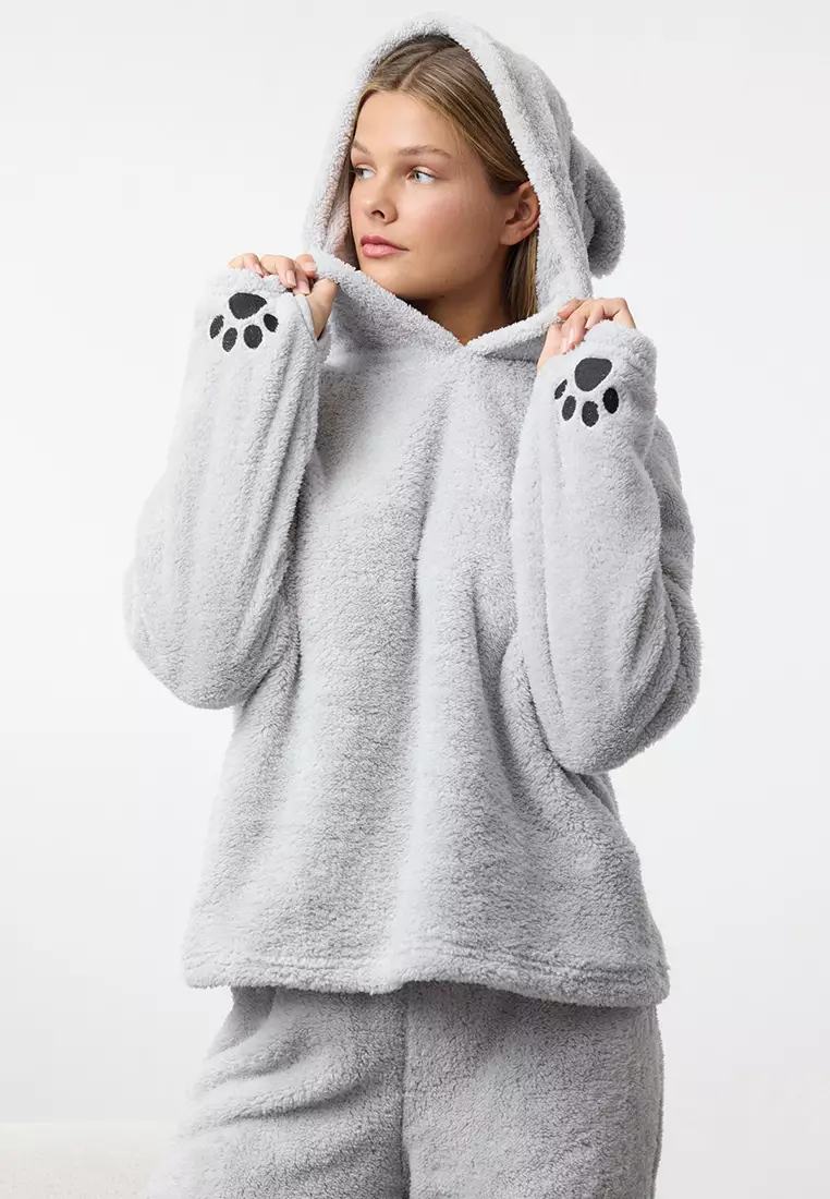Gray Hooded and Embroidered Wellsoft Winter Knitted Pajama Set THMAW25PT00143