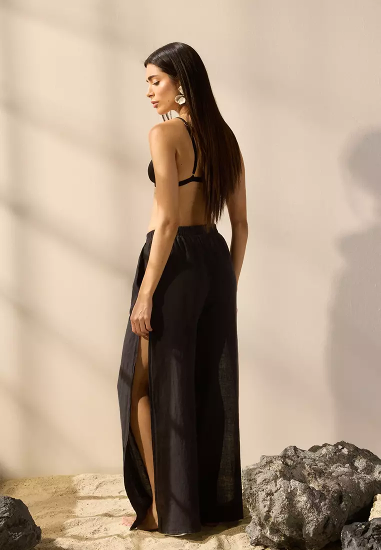 Black Woven 100% Linen Slit Beach Trousers TBESS25PL00004